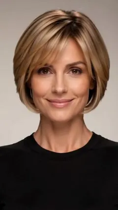 Blonde Feathered Bob With Fringe hairstyle shown from the front