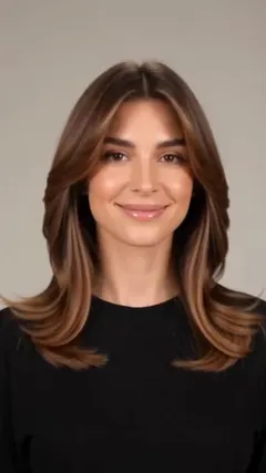 Brunette Bronde Feather Layers Waves hairstyle shown from the front