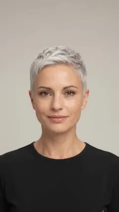 Cropped Tapered Silver Pixie Cut hairstyle shown from the front
