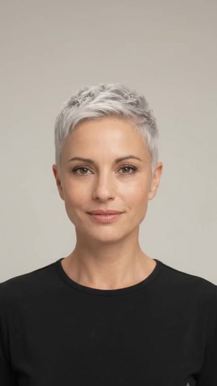 Cropped Tapered Silver Pixie Cut hairstyle Cropped Tapered Silver Pixie Cut hairstyle shown from the front