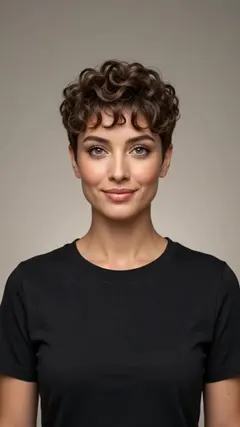 Curly Chocolate Brown Undercut Pixie hairstyle shown from the front