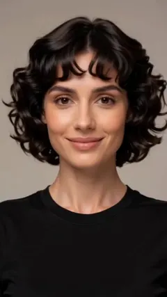 Dark Curly Bob With Micro Bangs hairstyle shown from the front