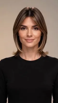 Highlighted Medium Cut With Bangs hairstyle shown from the front