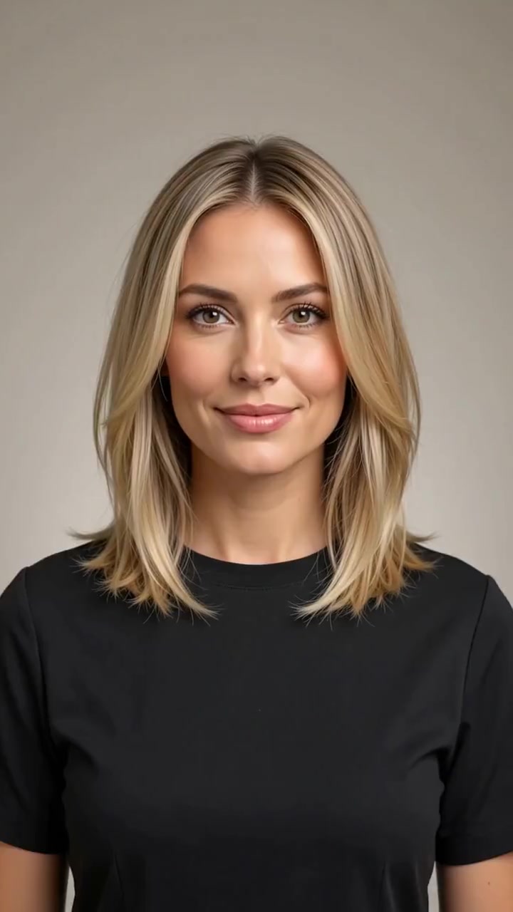 Inverted Buttery Blonde Lob Waves hairstyle Inverted Buttery Blonde Lob Waves hairstyle shown from the front