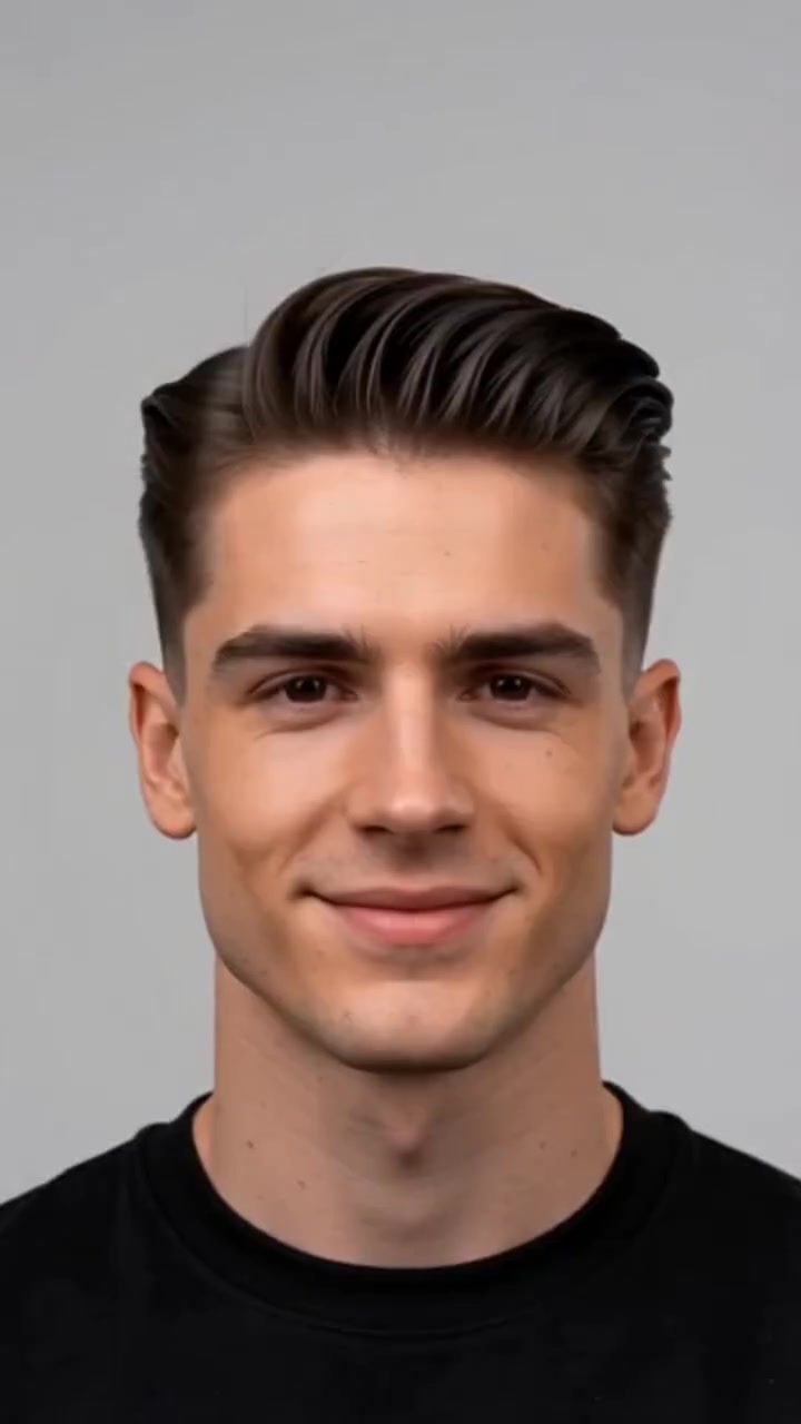 Slick Sweep Pompadour With Fade hairstyle Slick Sweep Pompadour With Fade hairstyle shown from the front