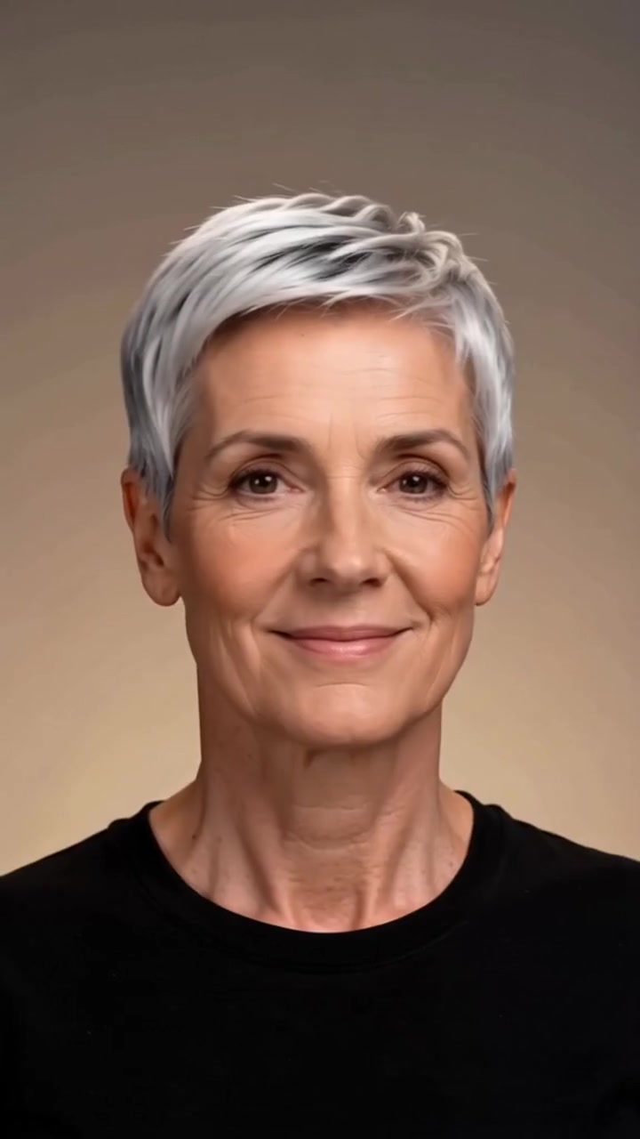 Soft Silver Pixie Cut hairstyle Soft Silver Pixie Cut hairstyle shown from the front