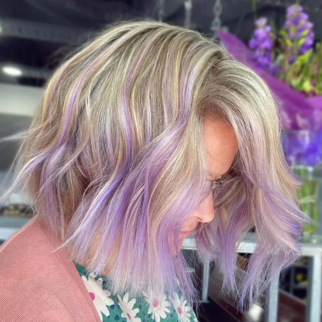 Lavender Streaked Blonde Shag Cut