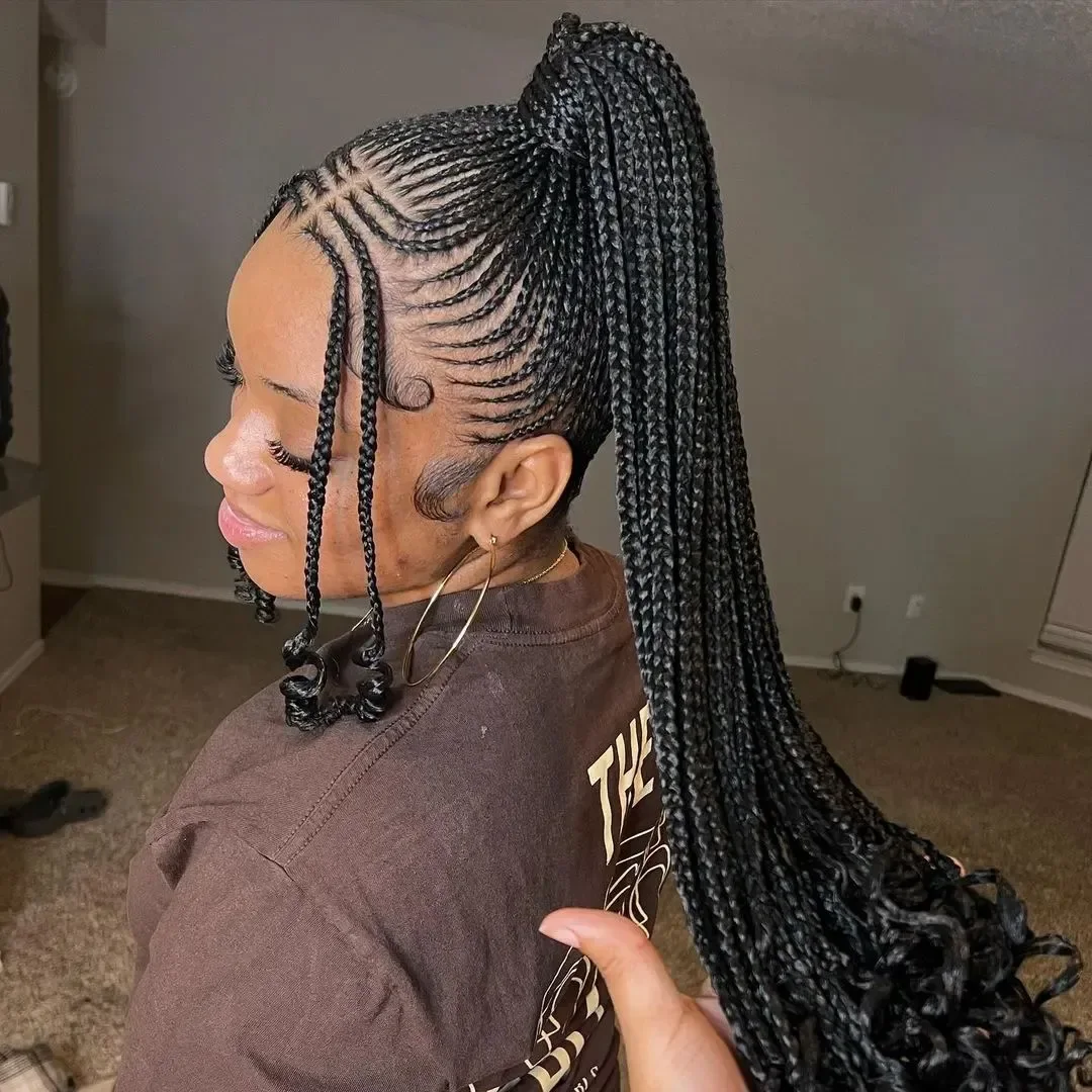 Side-Part Stitch Braids Ponytail
