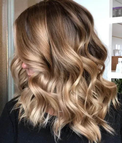 Caramel Balayage Beach Waves Lob