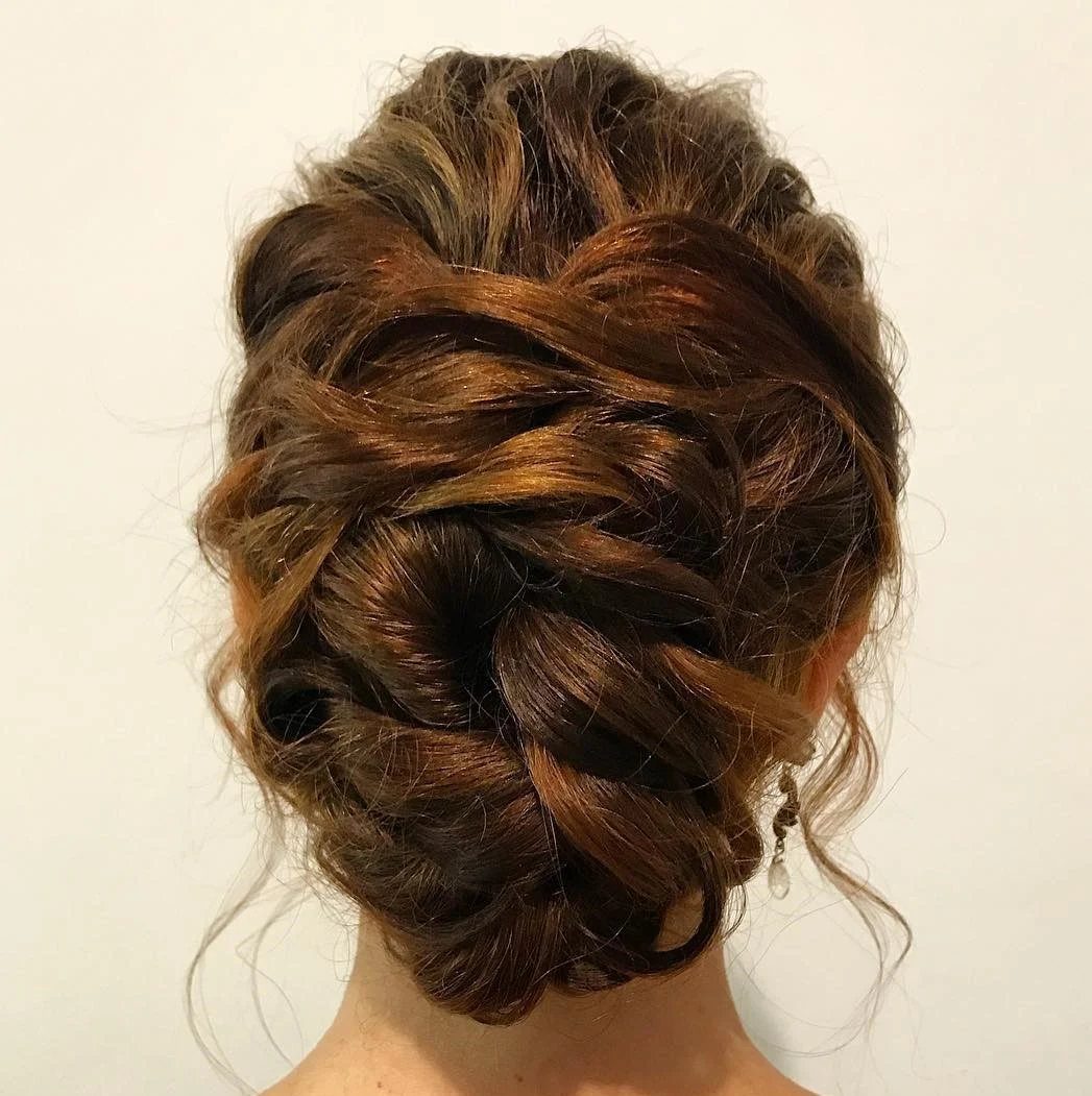 Chestnut Curled Updo With Loose Ends