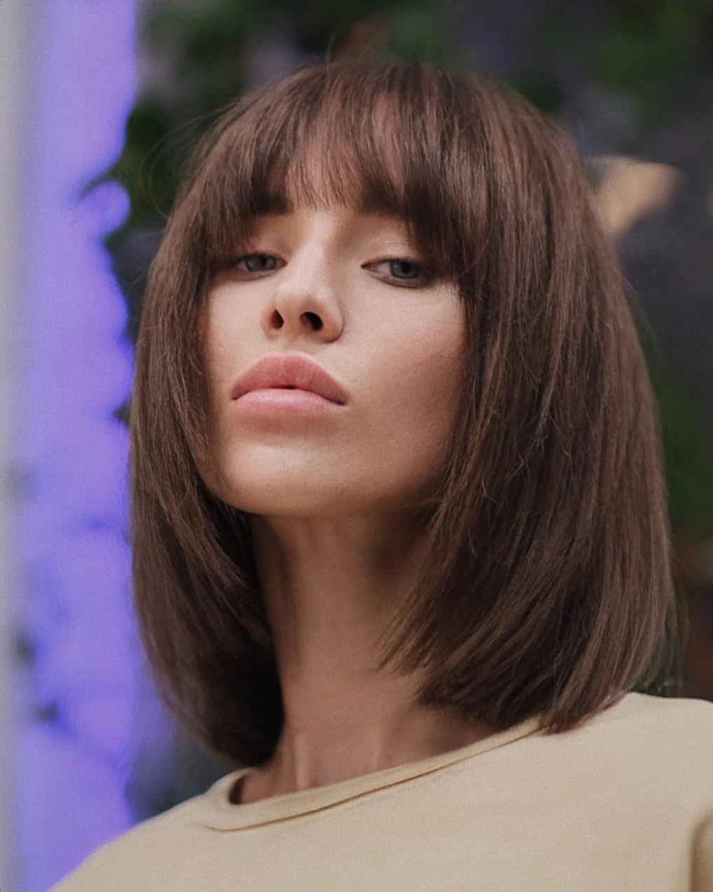 Chocolate Brown Curtain Bang Lob