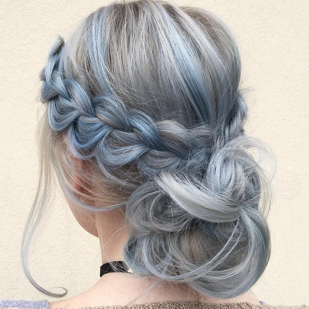 Blue-Toned Halo Braid Low Bun