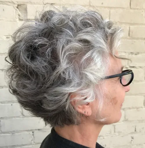 Curly Gray Pixie With Volume