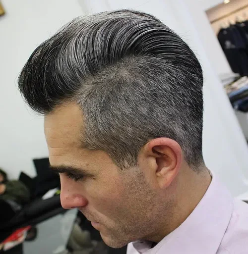 Side-Swept Pompadour With Gray Fade