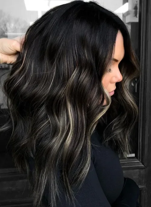 Jet Black Lob With Ash Blonde Pieces