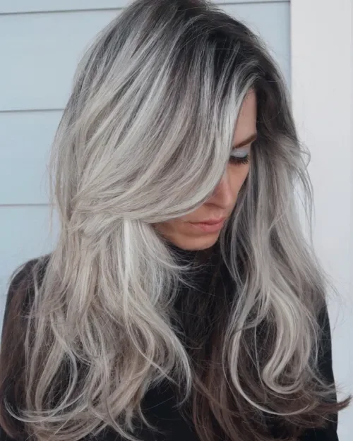 Silver Gray Balayage On Dark Hair