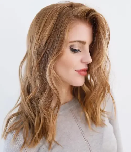 Caramel Wavy Lob With Root Lift Lob