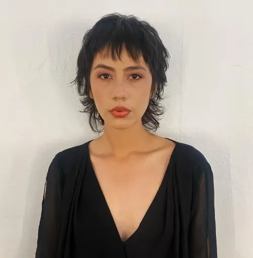 Black Micro Shag With V-Shaped Bangs Shag