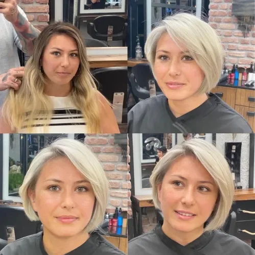 Chin-length bob in pale blonde with feathered ends and long side-swept bangs.