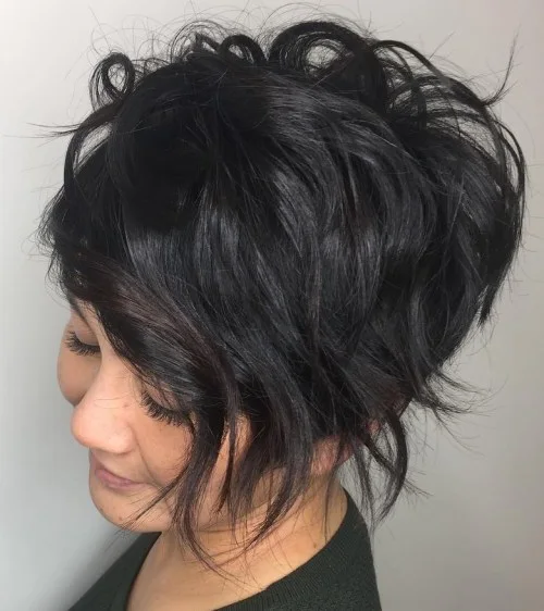 Tousled Black Bixie With Long Fringe
