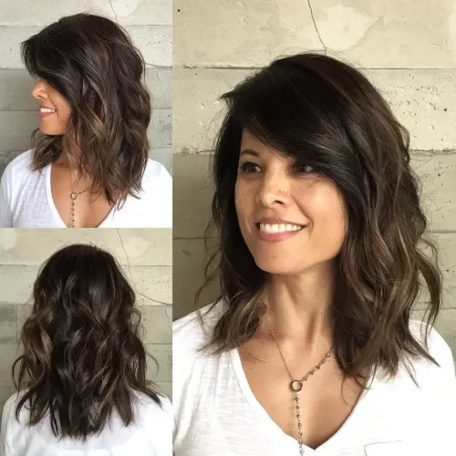 Wavy Brunette Medium With Side Bangs