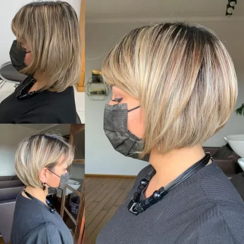 Stacked Rounded Bronde Bob With Bangs