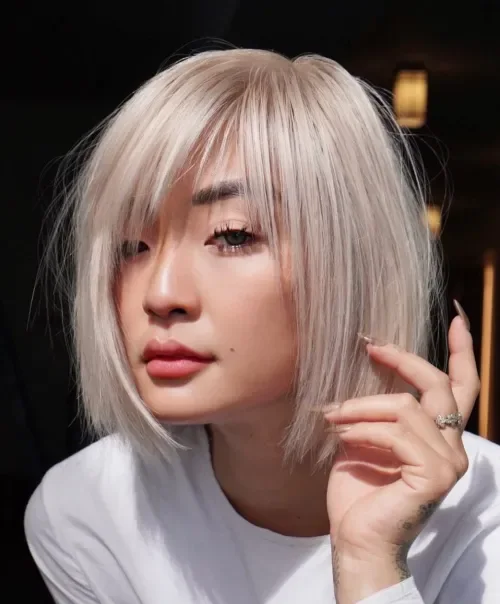 Icy Blonde Feathered Bob With Fringe