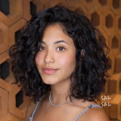 Layered Curly Black Bob Bangs