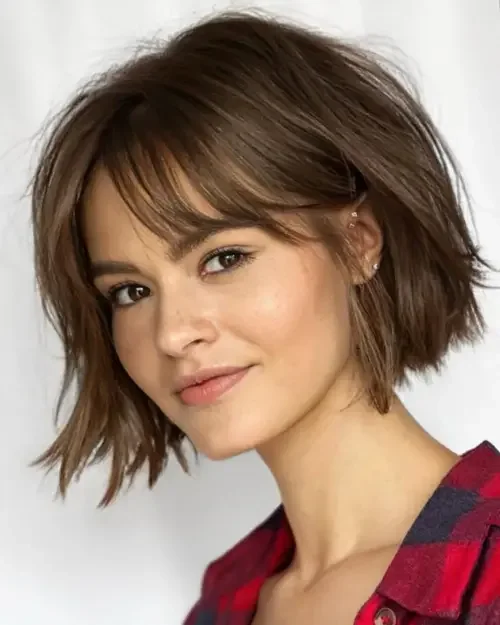 Chin-length shag bob with curtain bangs and choppy layers in warm dark brown.
