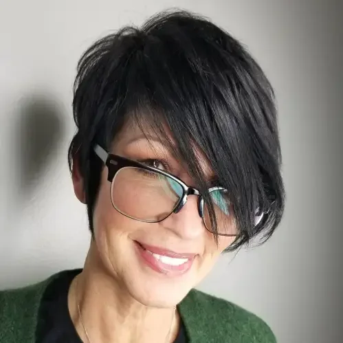 Waved Black Pixie With Long Bangs