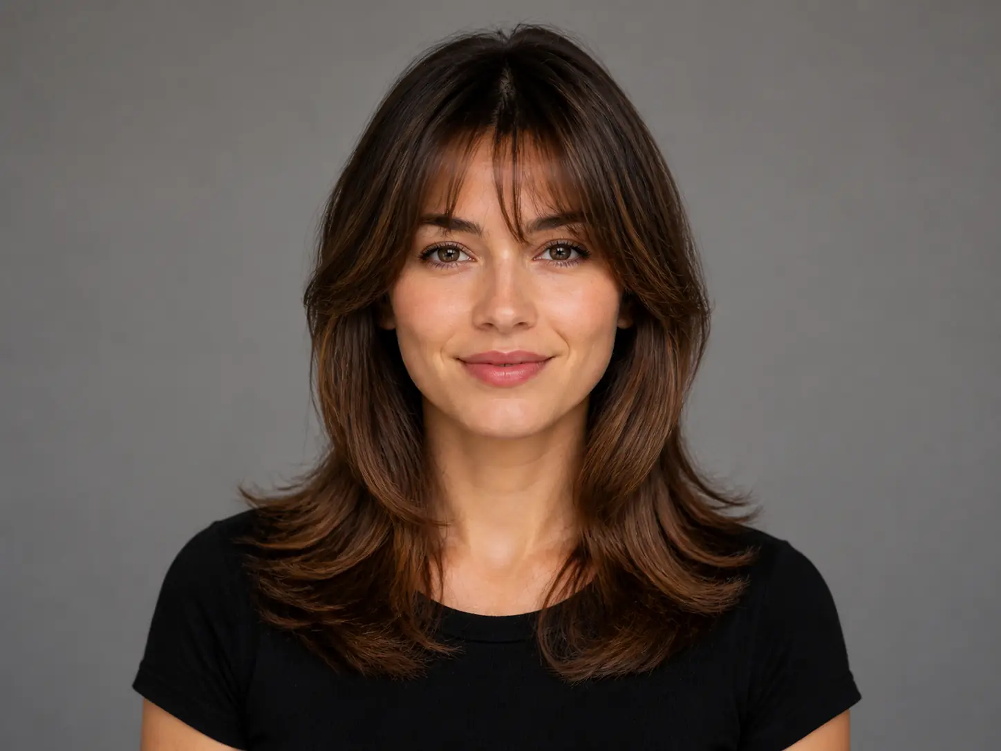 Hairstyle with bangs preview featuring soft fringe and layered shape