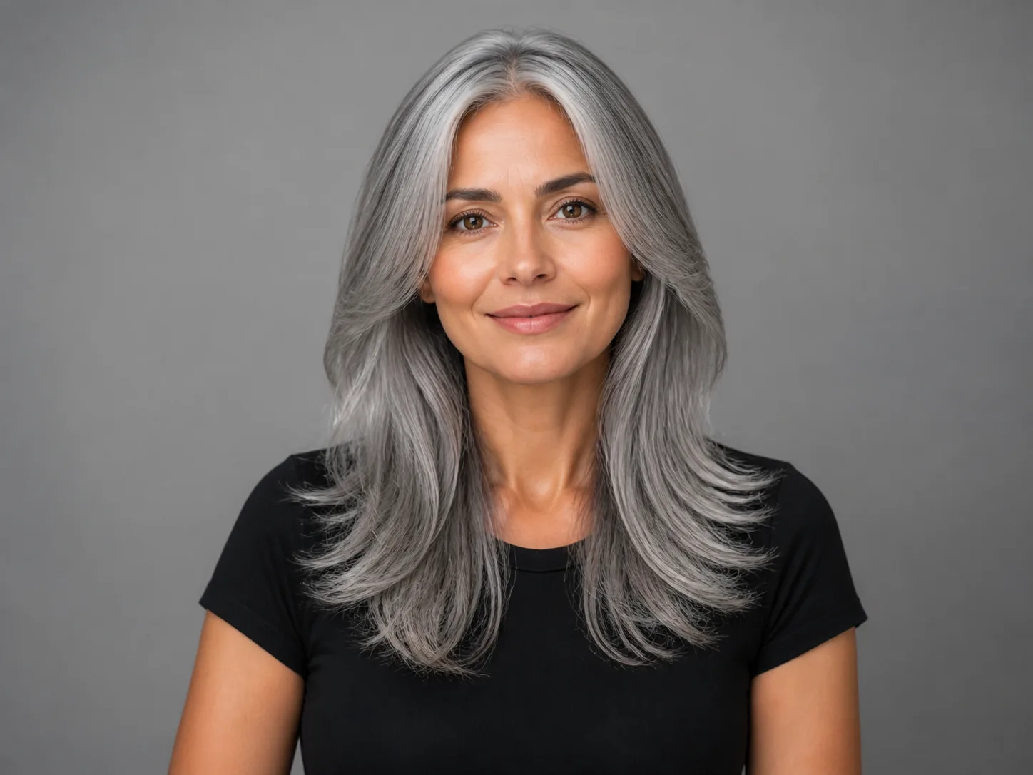 Gray hair color preview with silver tone and soft layers
