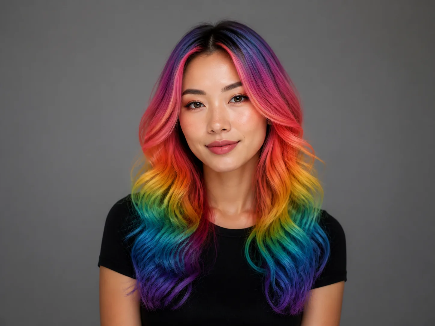 Creative rainbow hair color preview with vivid multi-tone shades