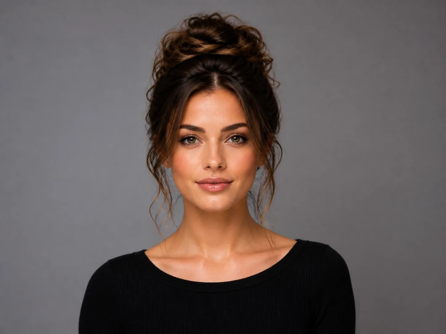 Updo hairstyle preview with soft face-framing tendrils