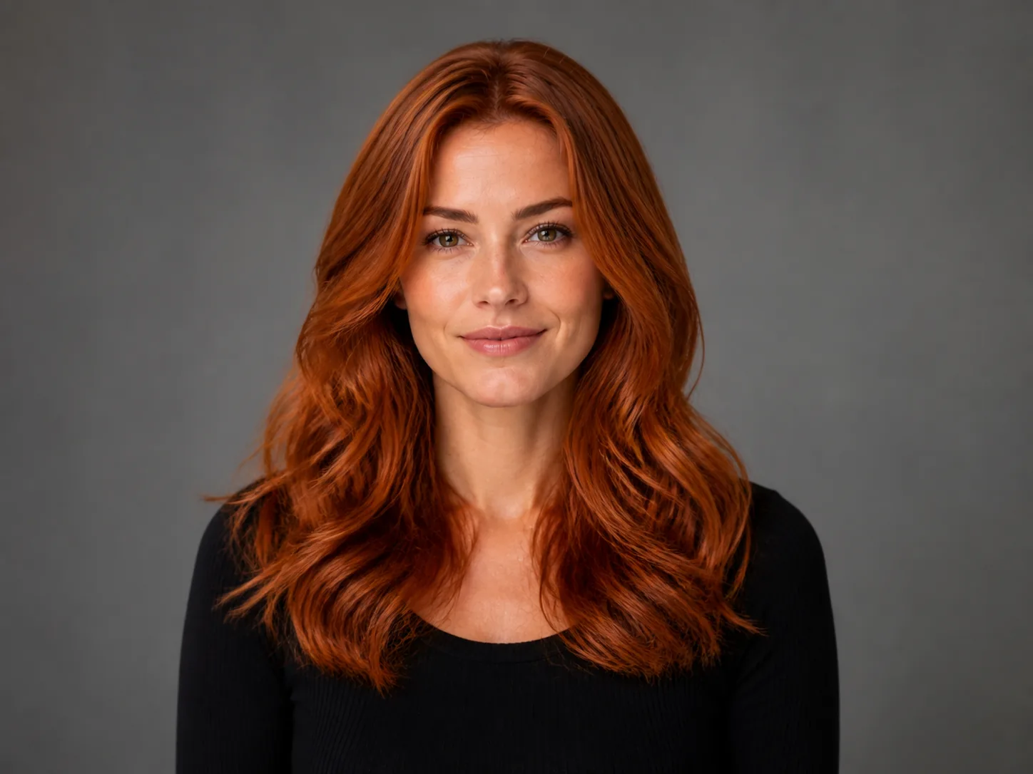 Red hair color preview with rich copper tone and soft waves