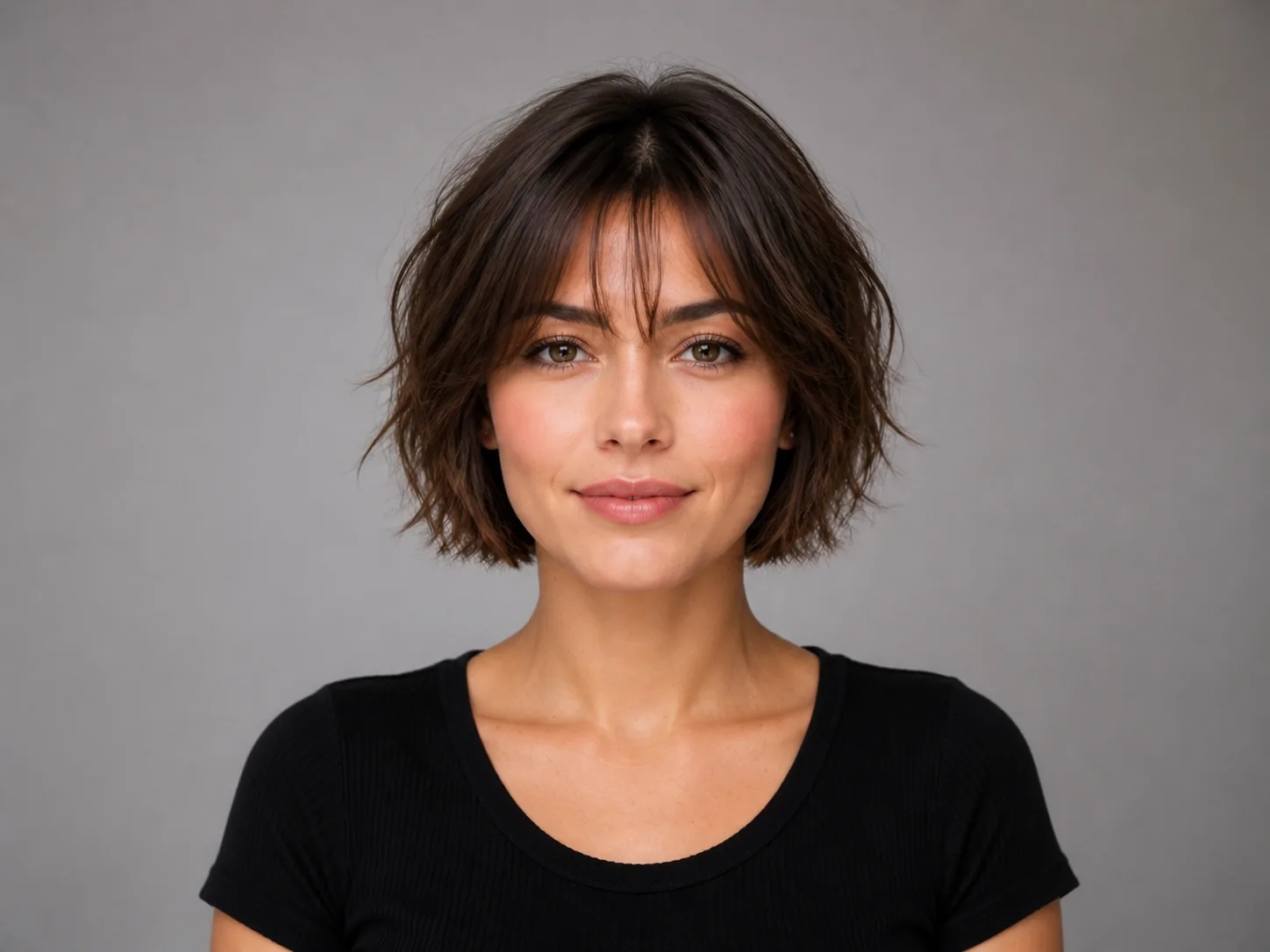 Short haircut preview with textured bob length and soft bangs