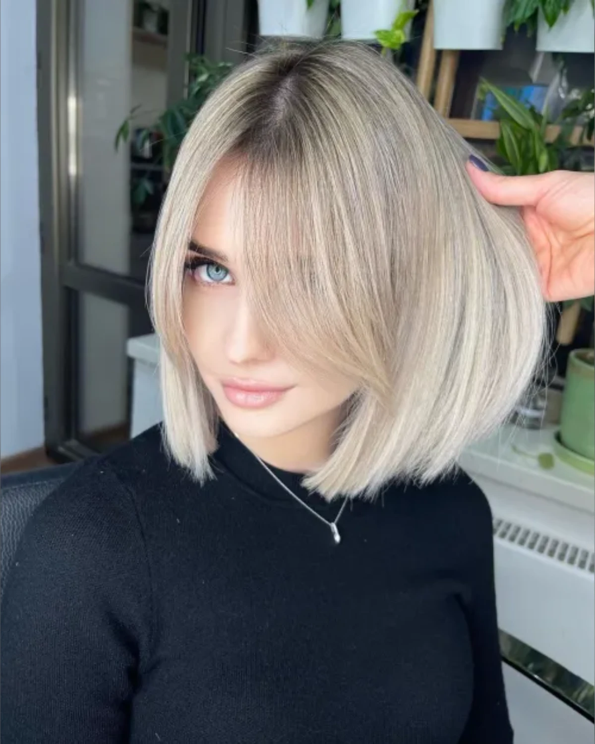 Ash Blonde Tucked Lob With Fringe